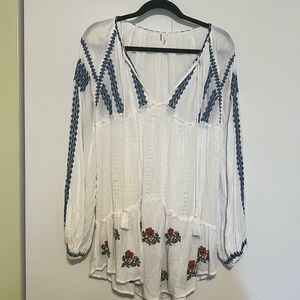 FREE PEOPLE Wild Horses Boho Embroidered Ivory Loose Fit Mini Dress S